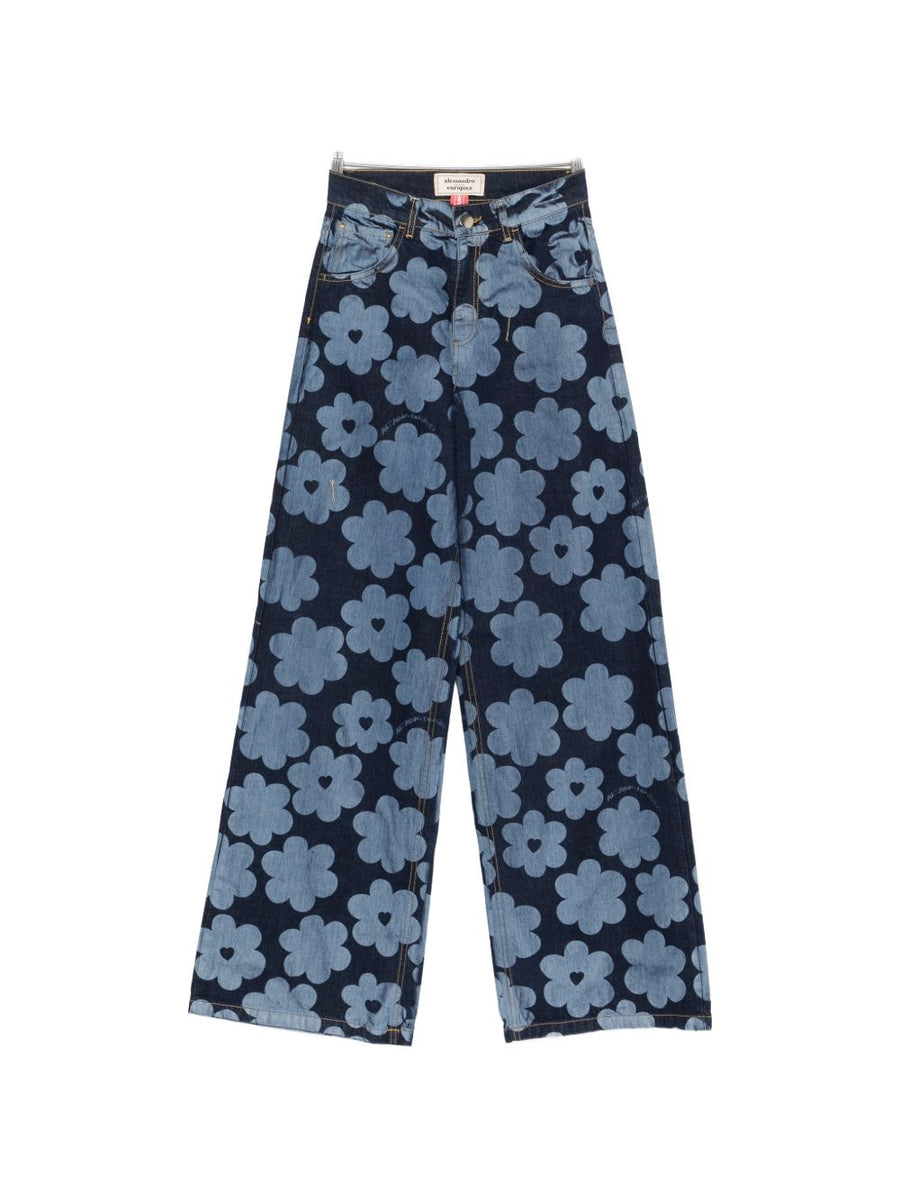 Alessandro Enriquez Printed Denim Jeans For Women Navy Floral Heart Motif 100 Percent Cotton Luxury Designer
