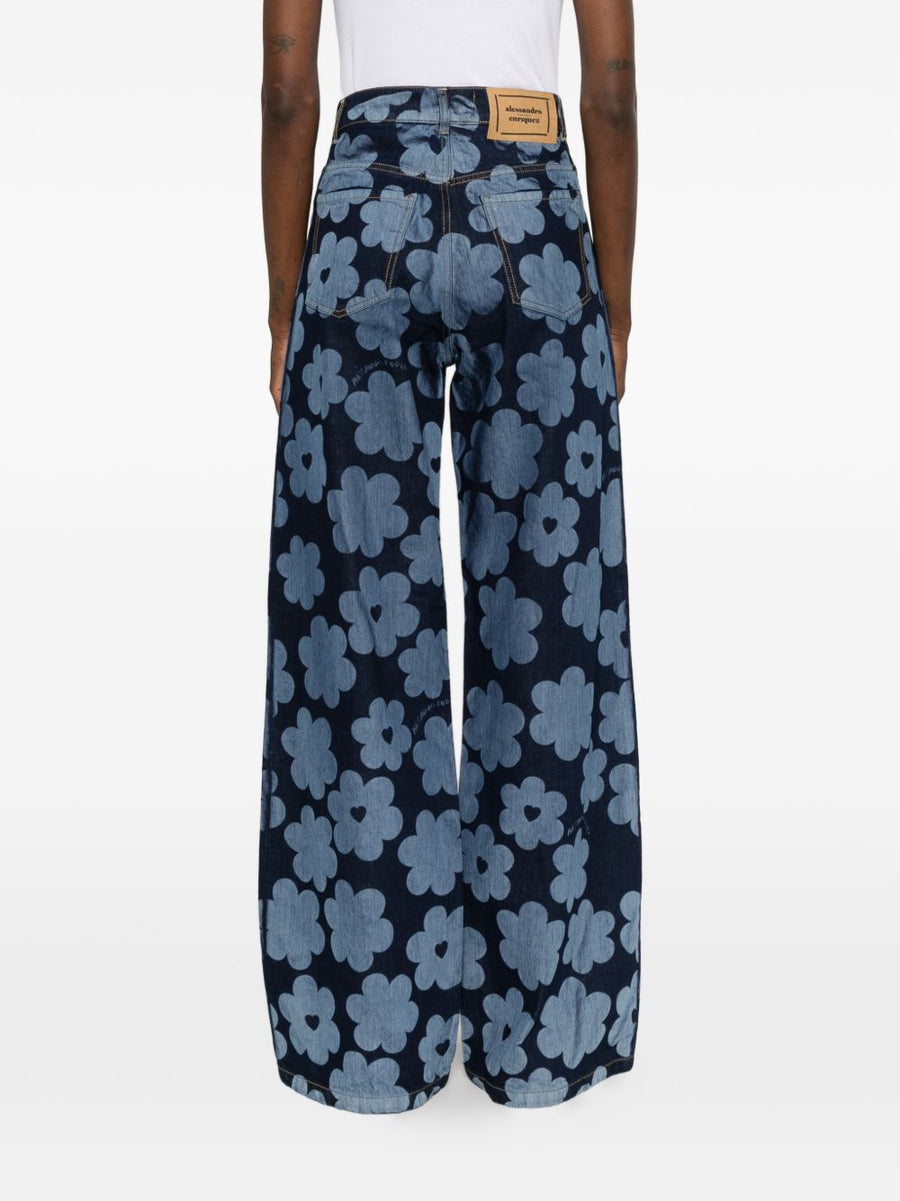 Alessandro Enriquez Printed Denim Jeans For Women Navy Floral Heart Motif 100 Percent Cotton Luxury Designer