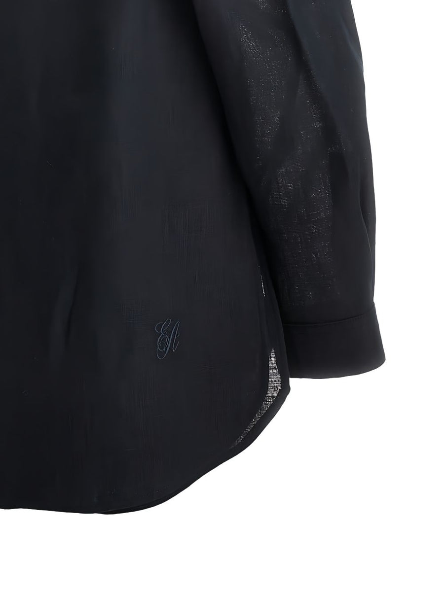 Emporio Armani Linen Shirt Navy For Women 100 Percent Linen Lightweight Breathable Stand Collar Three Quarter Sleeves