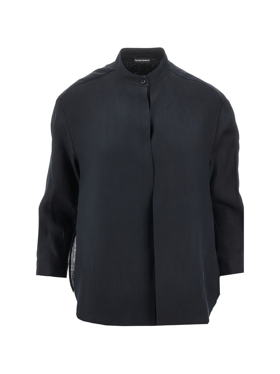 Emporio Armani Linen Shirt Navy For Women 100 Percent Linen Lightweight Breathable Stand Collar Three Quarter Sleeves