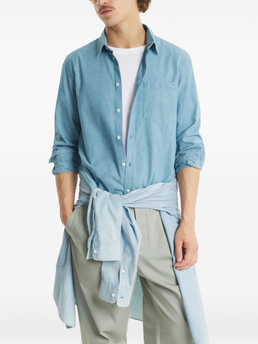 Maison Kitsuné Profile Fox Cotton Shirt For Men Light Blue With Signature Fox Embroidery Button Down