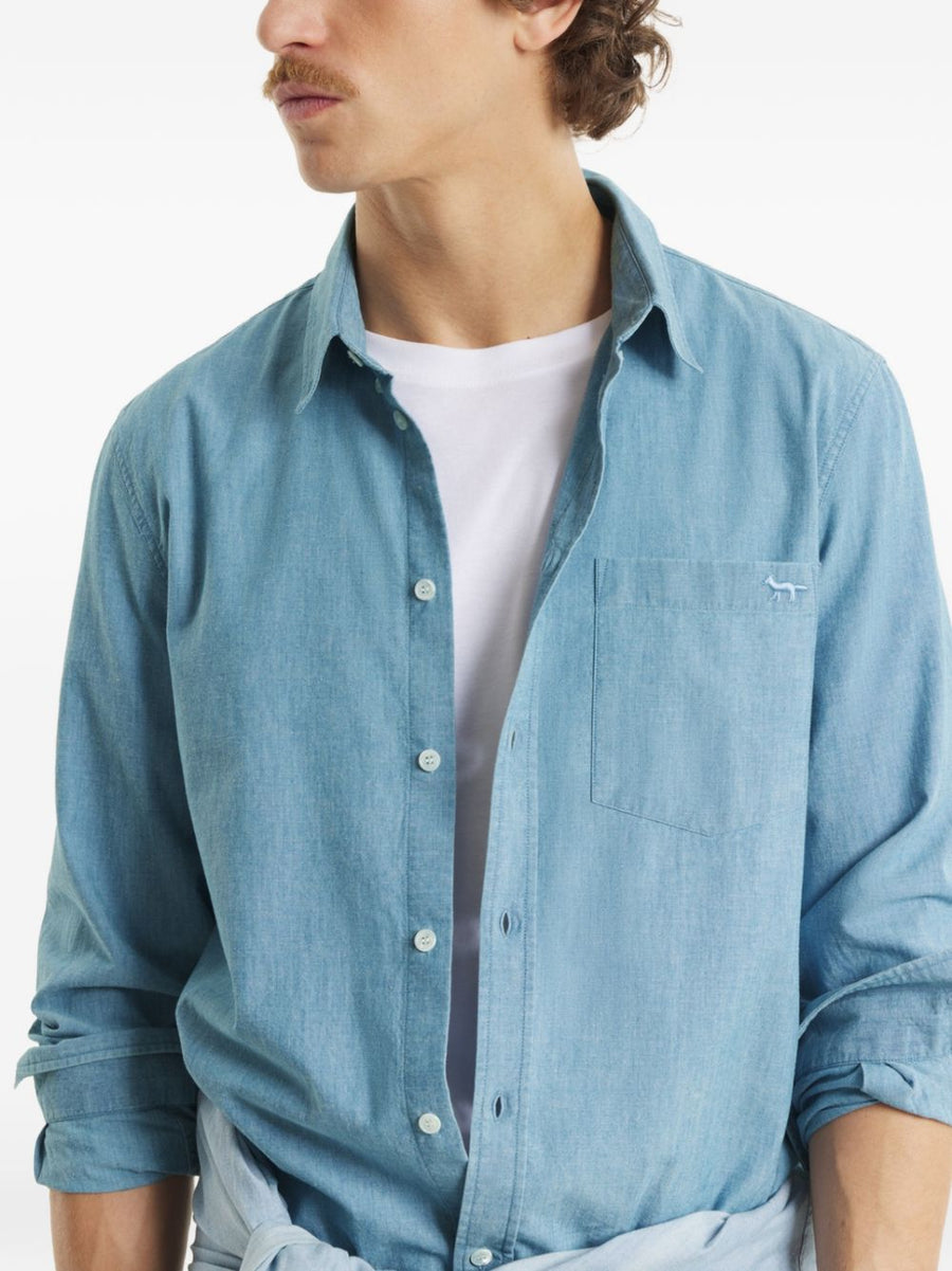 Maison Kitsuné Profile Fox Cotton Shirt For Men Light Blue With Signature Fox Embroidery Button Down