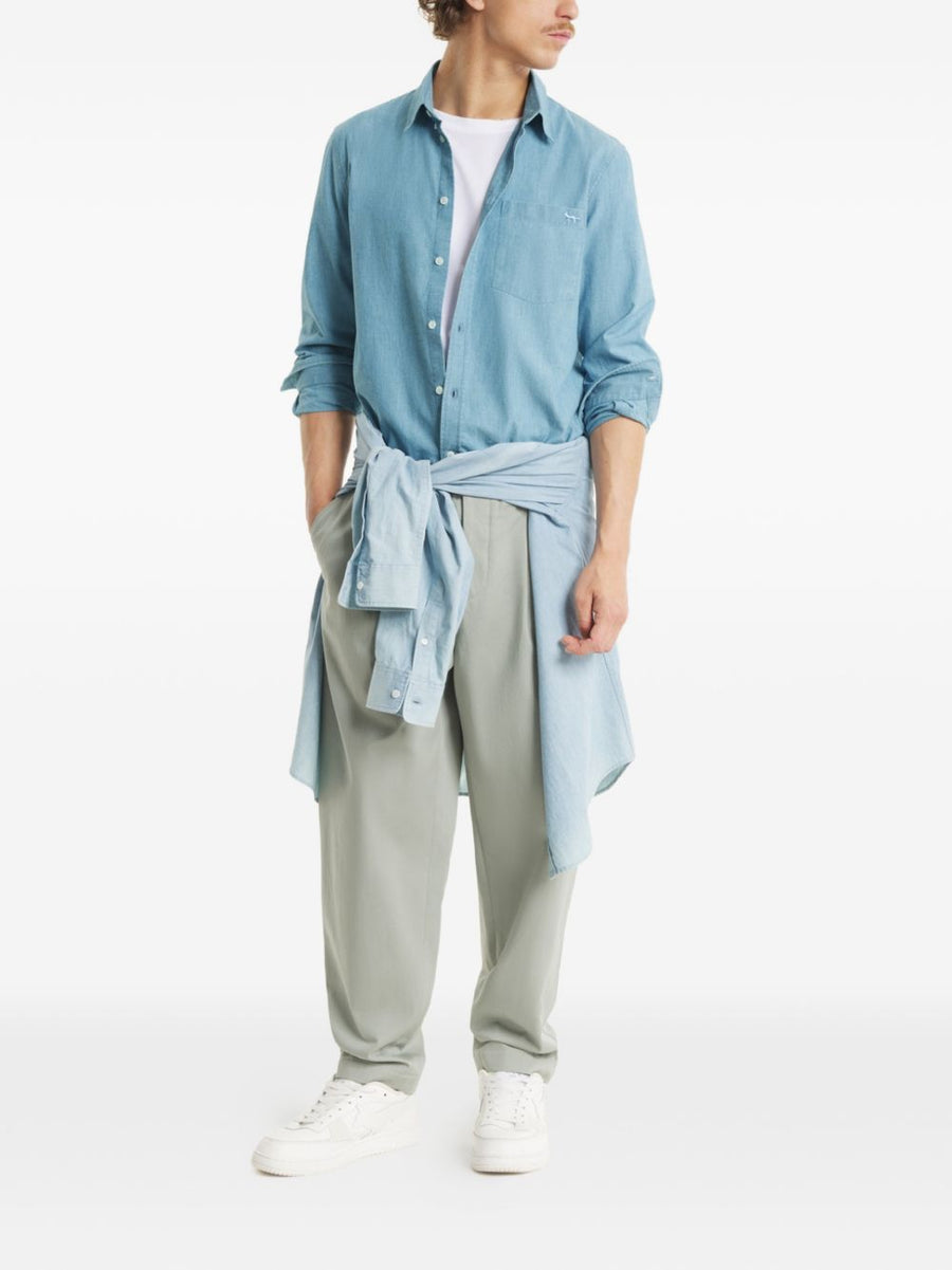 Maison Kitsuné Profile Fox Cotton Shirt For Men Light Blue With Signature Fox Embroidery Button Down