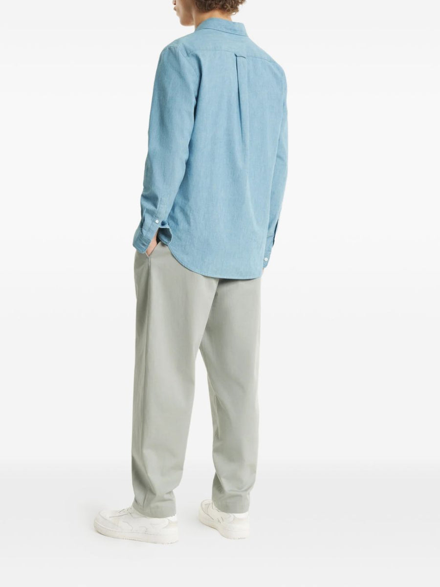 Maison Kitsuné Profile Fox Cotton Shirt For Men Light Blue With Signature Fox Embroidery Button Down
