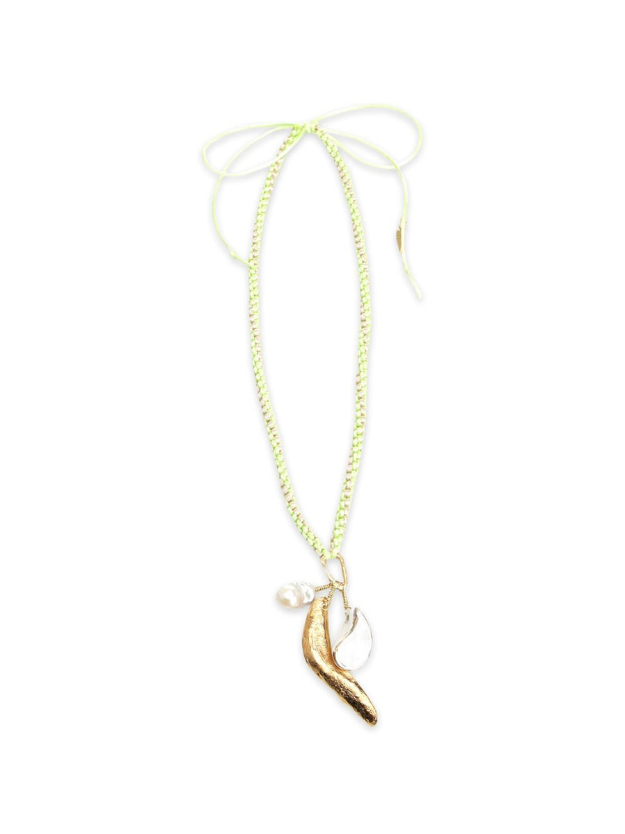 Forte Forte Crochet Choker With Pearl Pendant In Aloe Green Braided Design Gold Tone Hardware Tie Fastening For Women