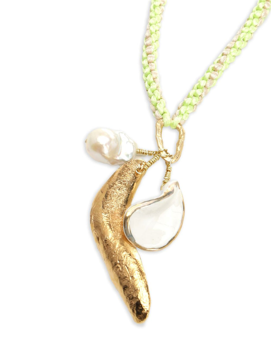 Forte Forte Crochet Choker With Pearl Pendant In Aloe Green Braided Design Gold Tone Hardware Tie Fastening For Women