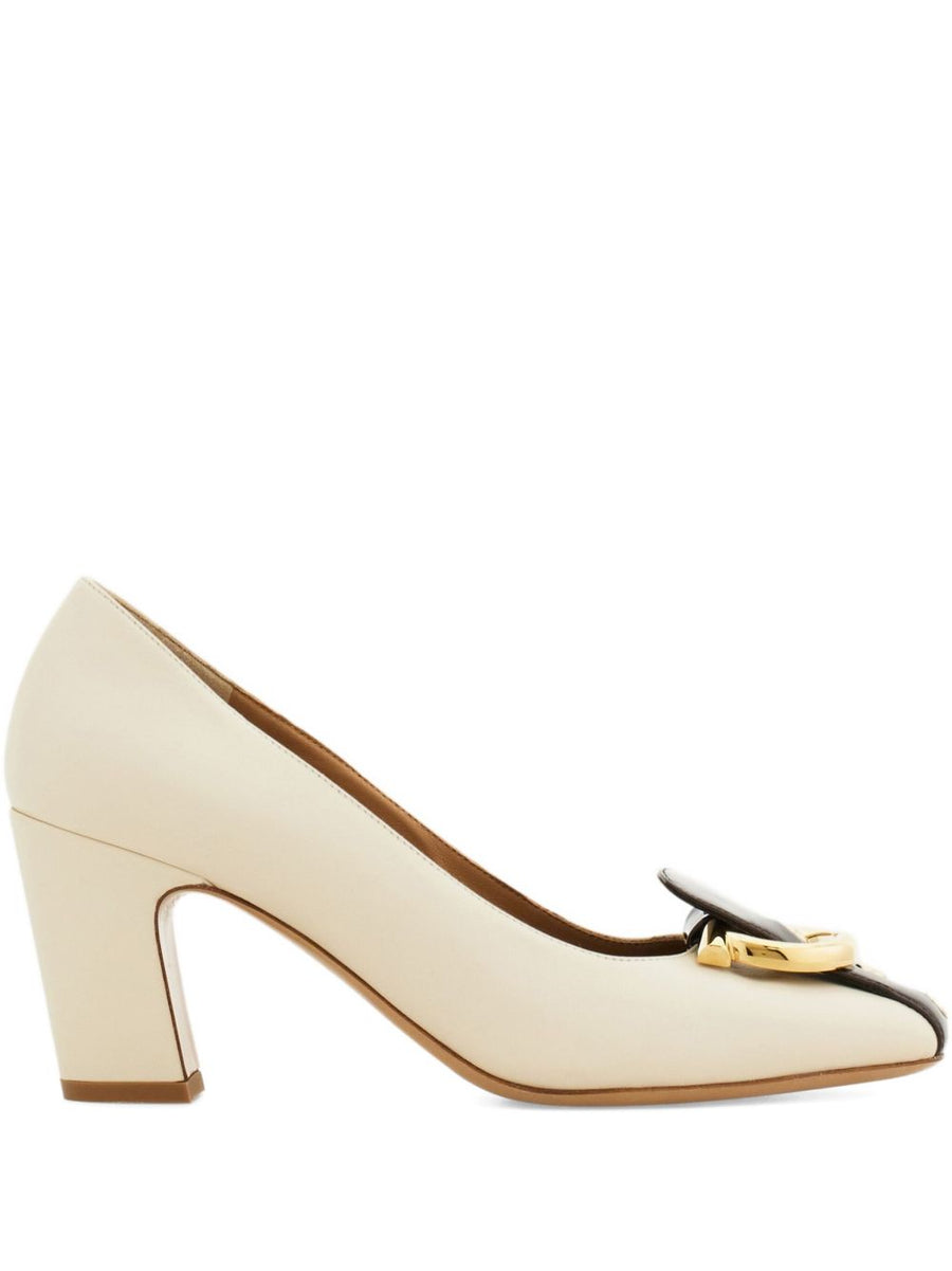 Ferragamo Gancini Block Heel Pump For Women Premium Brown Goat Leather Buckled Strap Detail
