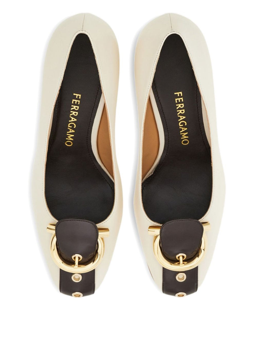 Ferragamo Gancini Block Heel Pump For Women Premium Brown Goat Leather Buckled Strap Detail
