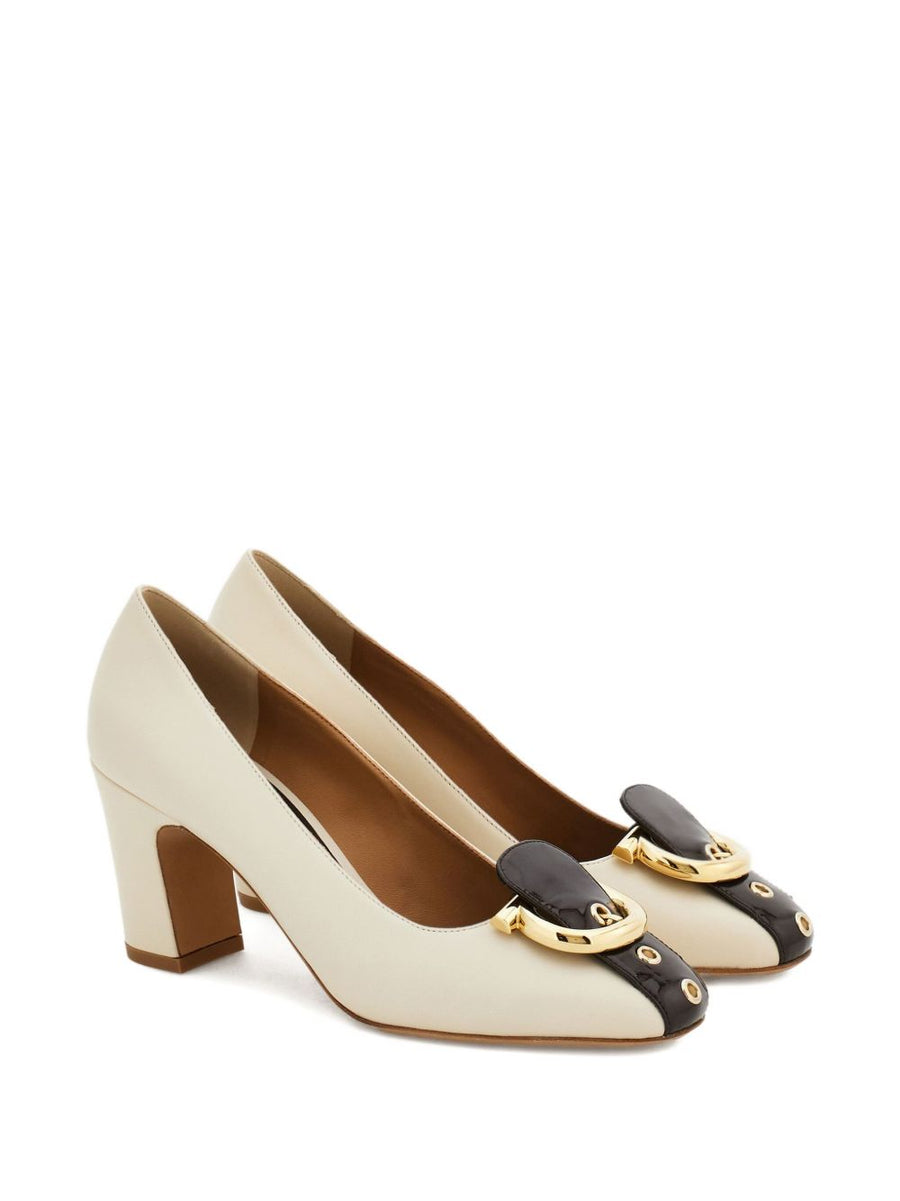 Ferragamo Gancini Block Heel Pump For Women Premium Brown Goat Leather Buckled Strap Detail