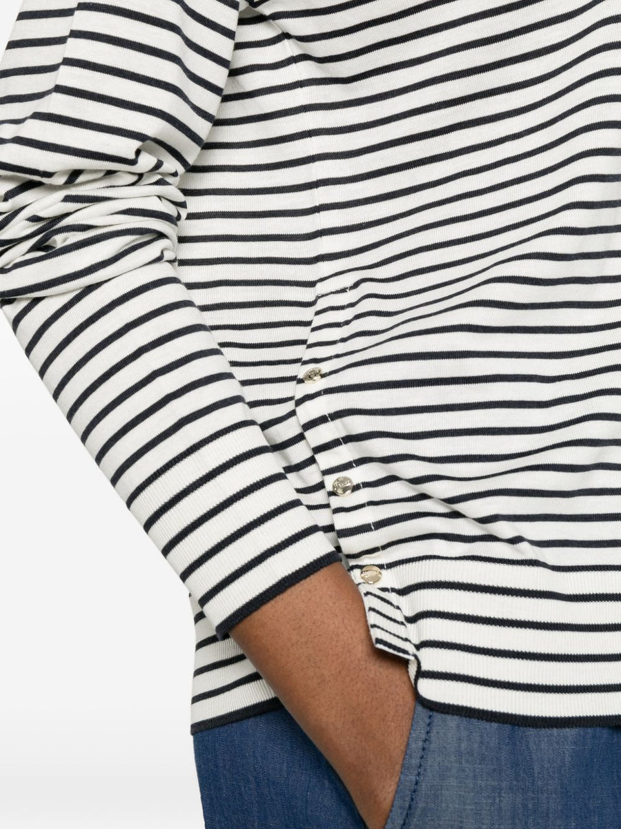 Herno Lyocell Cotton Blend Crew Neck Sweater White Striped For Women Lightweight Breathable Luxury