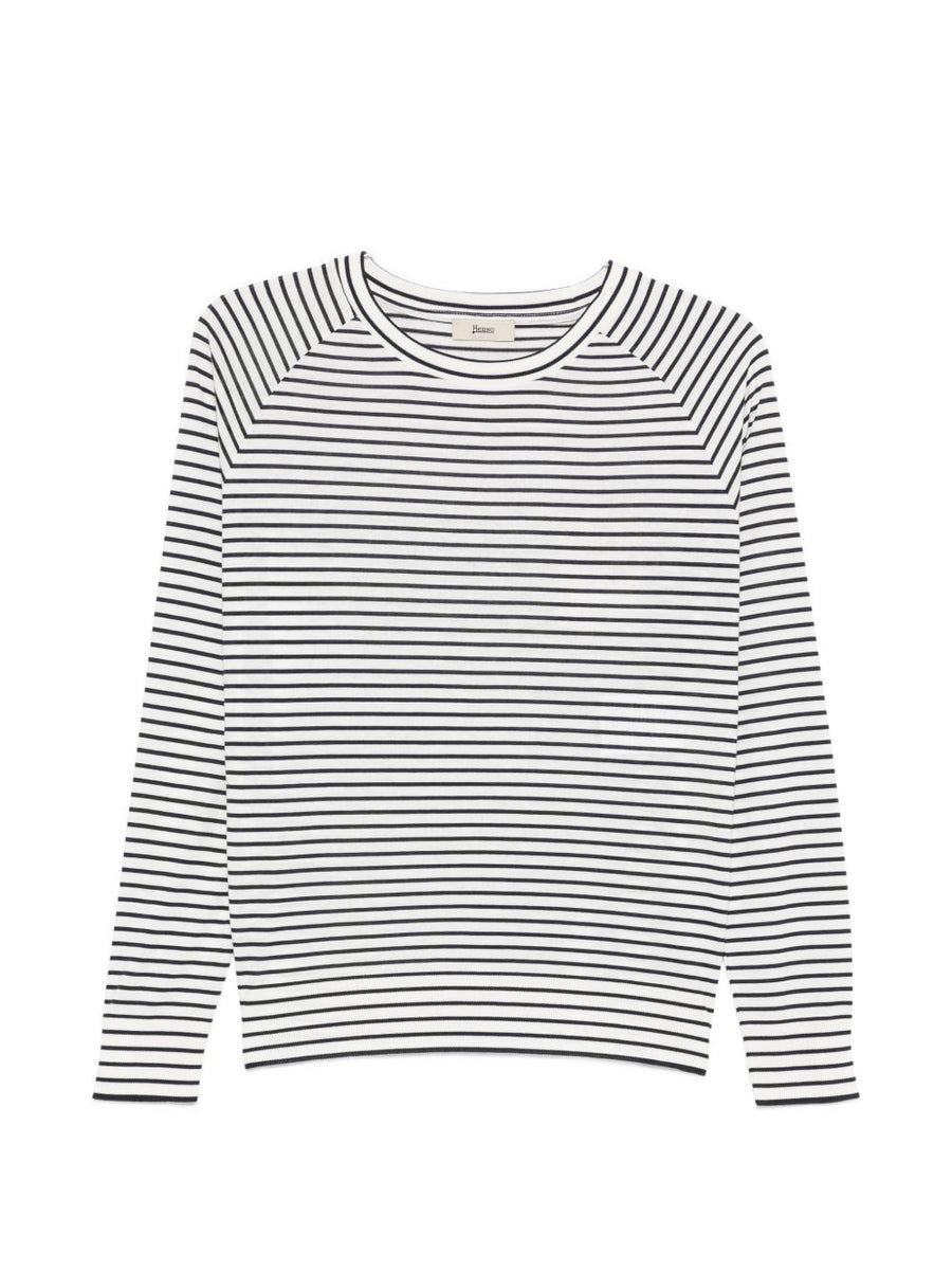 Herno Lyocell Cotton Blend Crew Neck Sweater White Striped For Women Lightweight Breathable Luxury