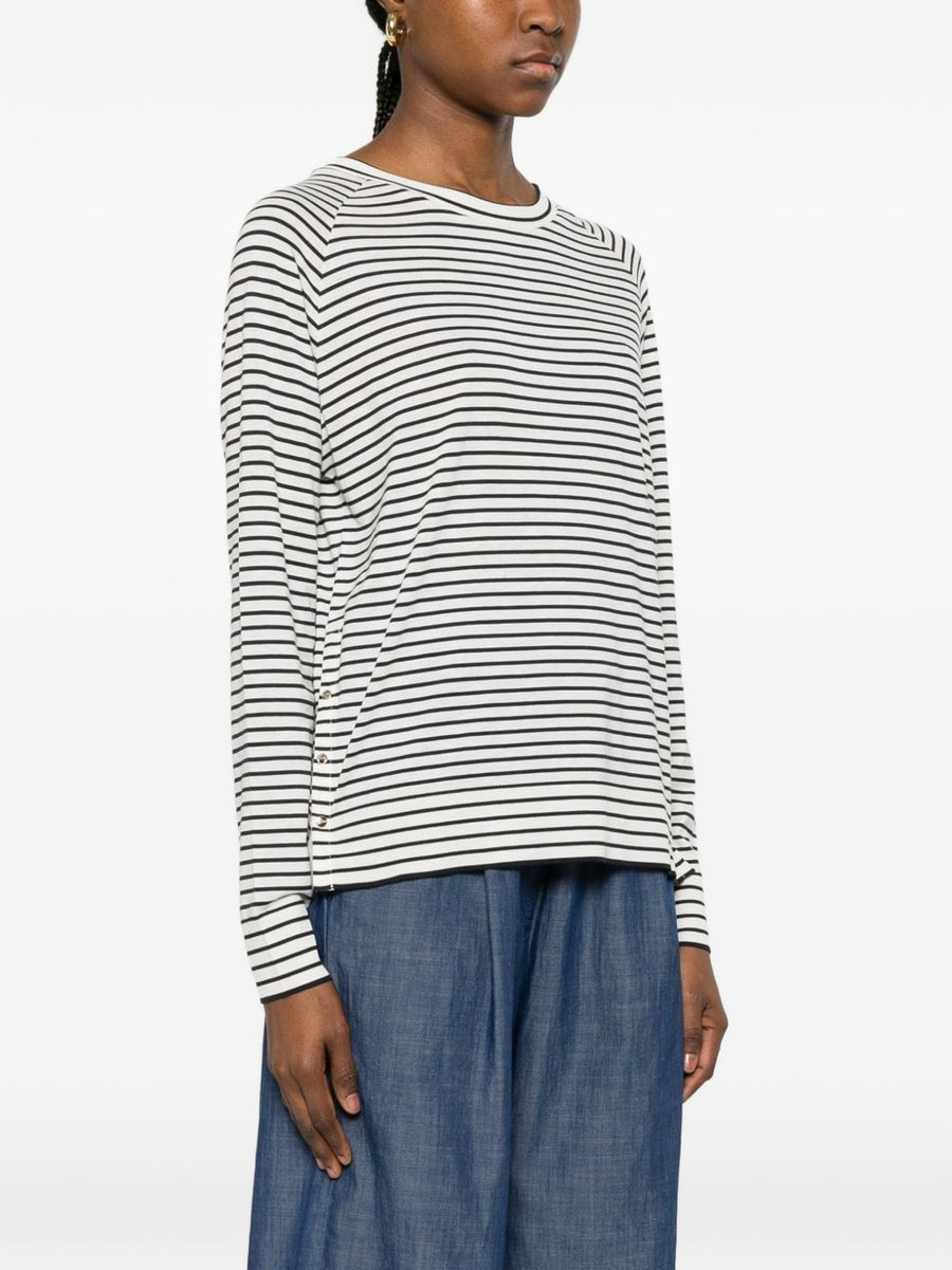 Herno Lyocell Cotton Blend Crew Neck Sweater White Striped For Women Lightweight Breathable Luxury
