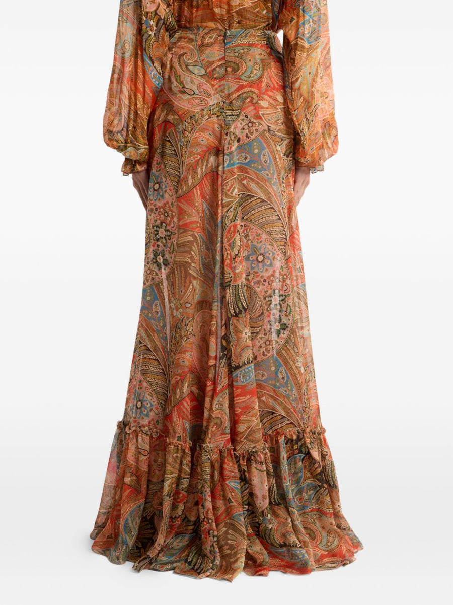 Etro Silk Paisley Long Skirt For Women With Lux Drape Multicolor Print And Ruffled Detailing