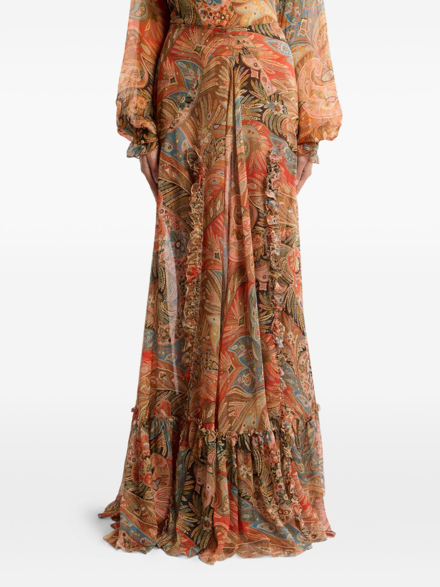 Etro Silk Paisley Long Skirt For Women With Lux Drape Multicolor Print And Ruffled Detailing