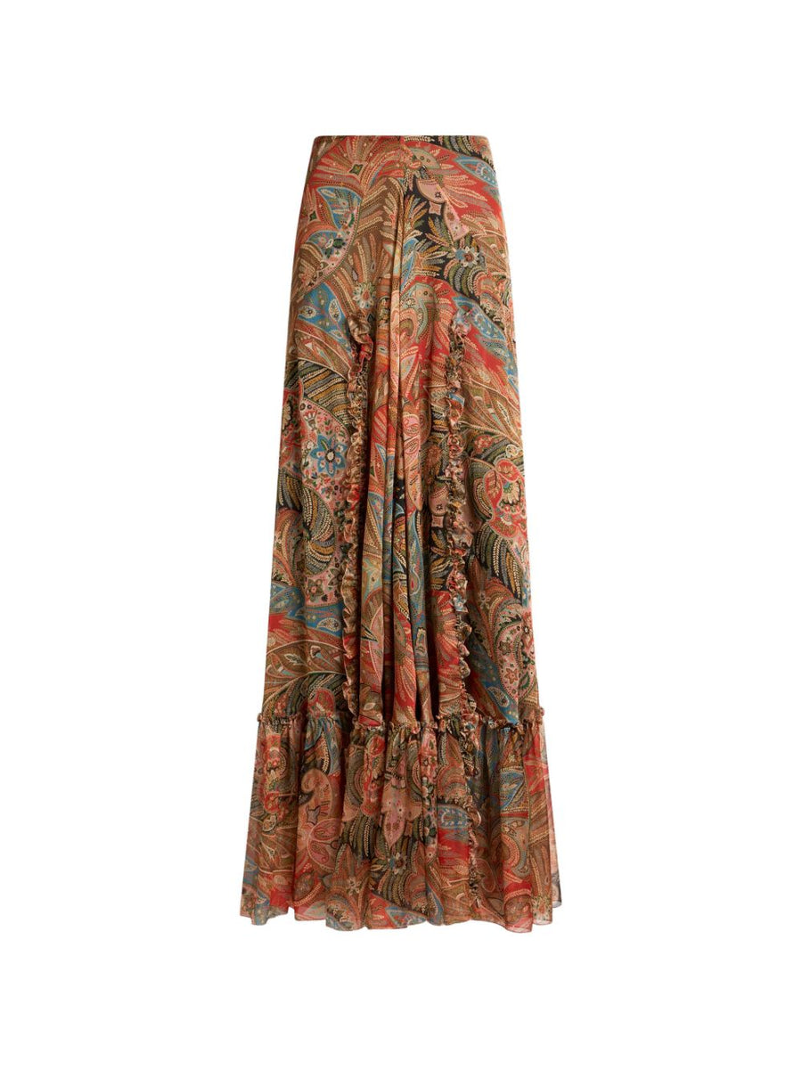Etro Silk Paisley Long Skirt For Women With Lux Drape Multicolor Print And Ruffled Detailing