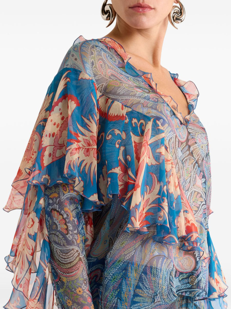 Etro Printed Silk Blouse For Women One Hundred Percent Silk Luxury Day To Night Top In Light Blue