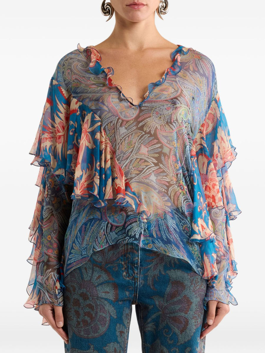 Etro Printed Silk Blouse For Women One Hundred Percent Silk Luxury Day To Night Top In Light Blue
