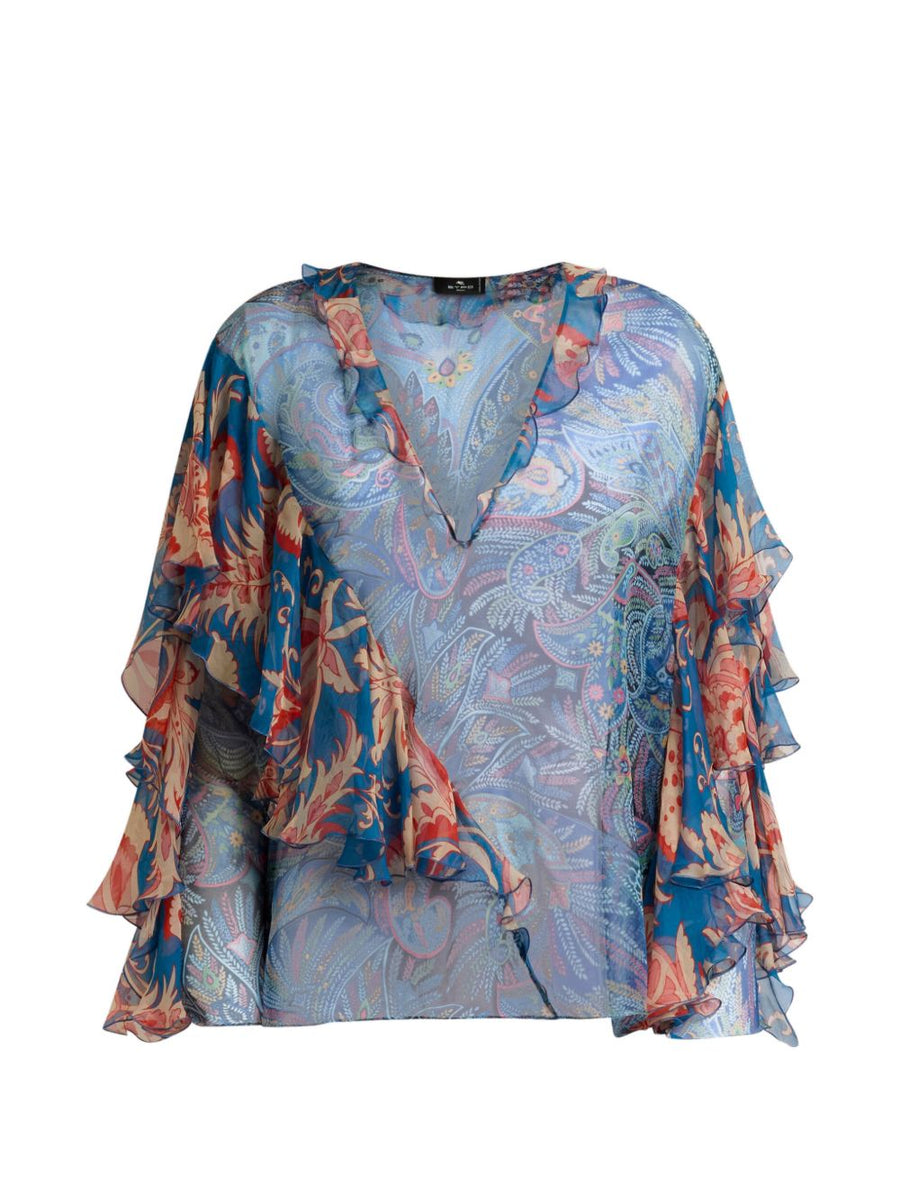 Etro Printed Silk Blouse For Women One Hundred Percent Silk Luxury Day To Night Top In Light Blue
