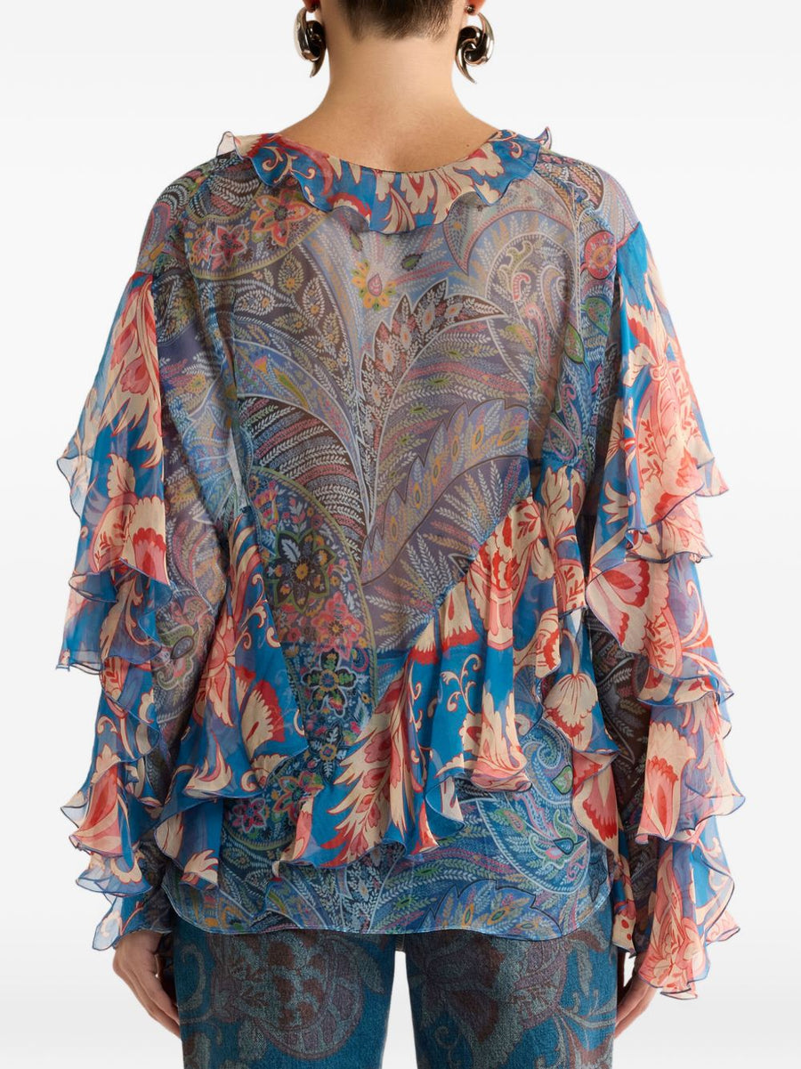 Etro Printed Silk Blouse For Women One Hundred Percent Silk Luxury Day To Night Top In Light Blue