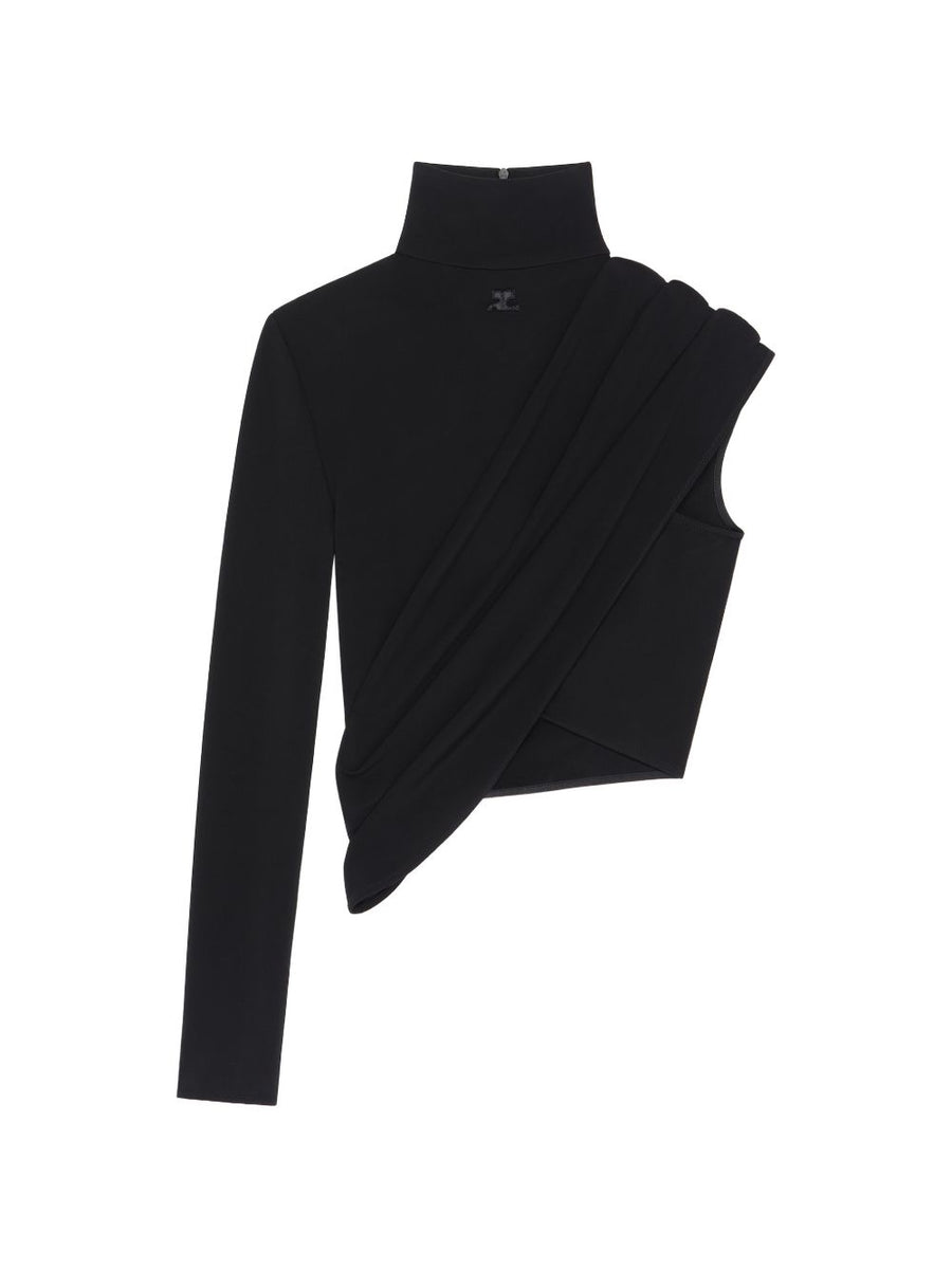 Courreges Asymmetric Top For Women With Twisted Detail Cropped Black Viscose Blend High Fashion