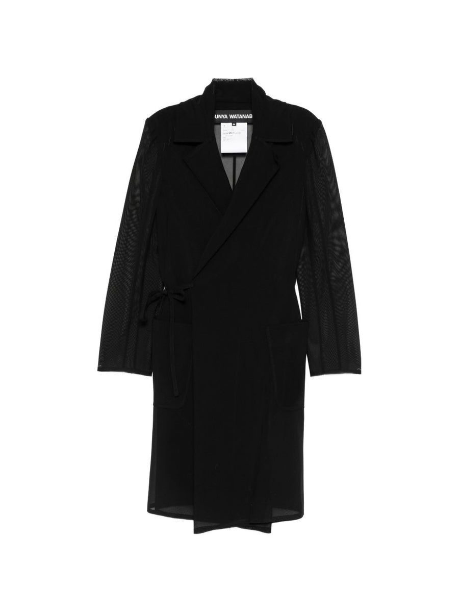 Junya Watanabe Midi Coat Wrap Silhouette Notched Lapels With Side Tie Mesh Panels For Women Luxury Outerwear