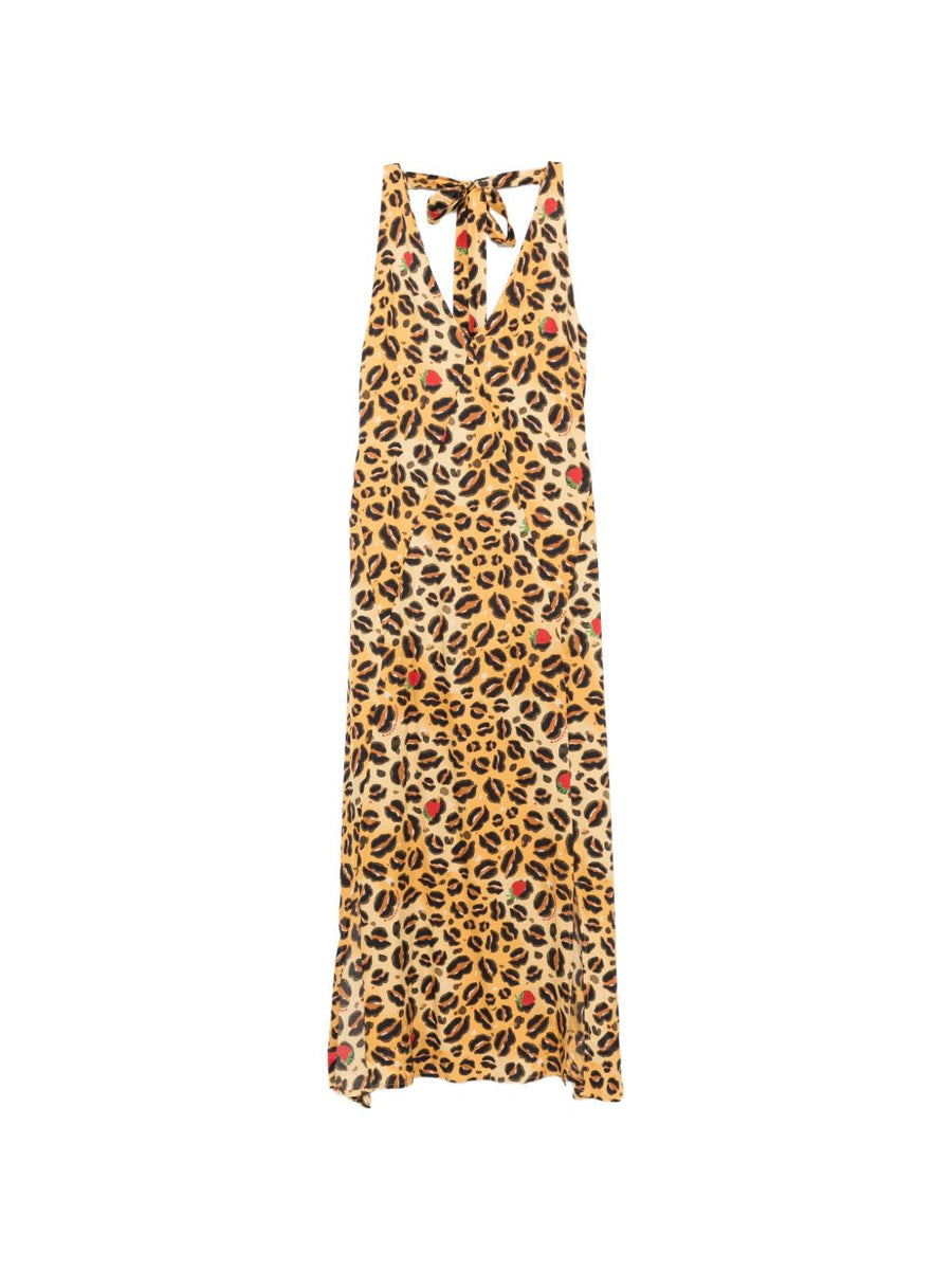 Alessandro Enriquez Printed Long Dress Beige Animal Print V Neck Tie Neck Sleeveless Luxury For Women