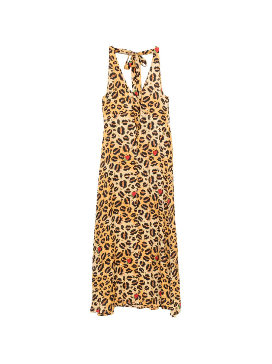 Alessandro Enriquez Printed Long Dress Beige Animal Print V Neck Tie Neck Sleeveless Luxury For Women