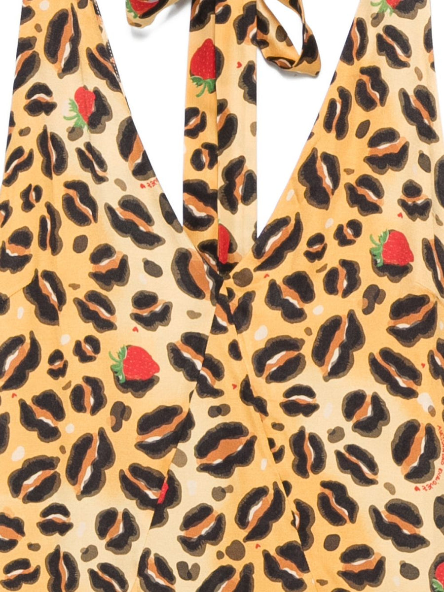 Alessandro Enriquez Printed Long Dress Beige Animal Print V Neck Tie Neck Sleeveless Luxury For Women