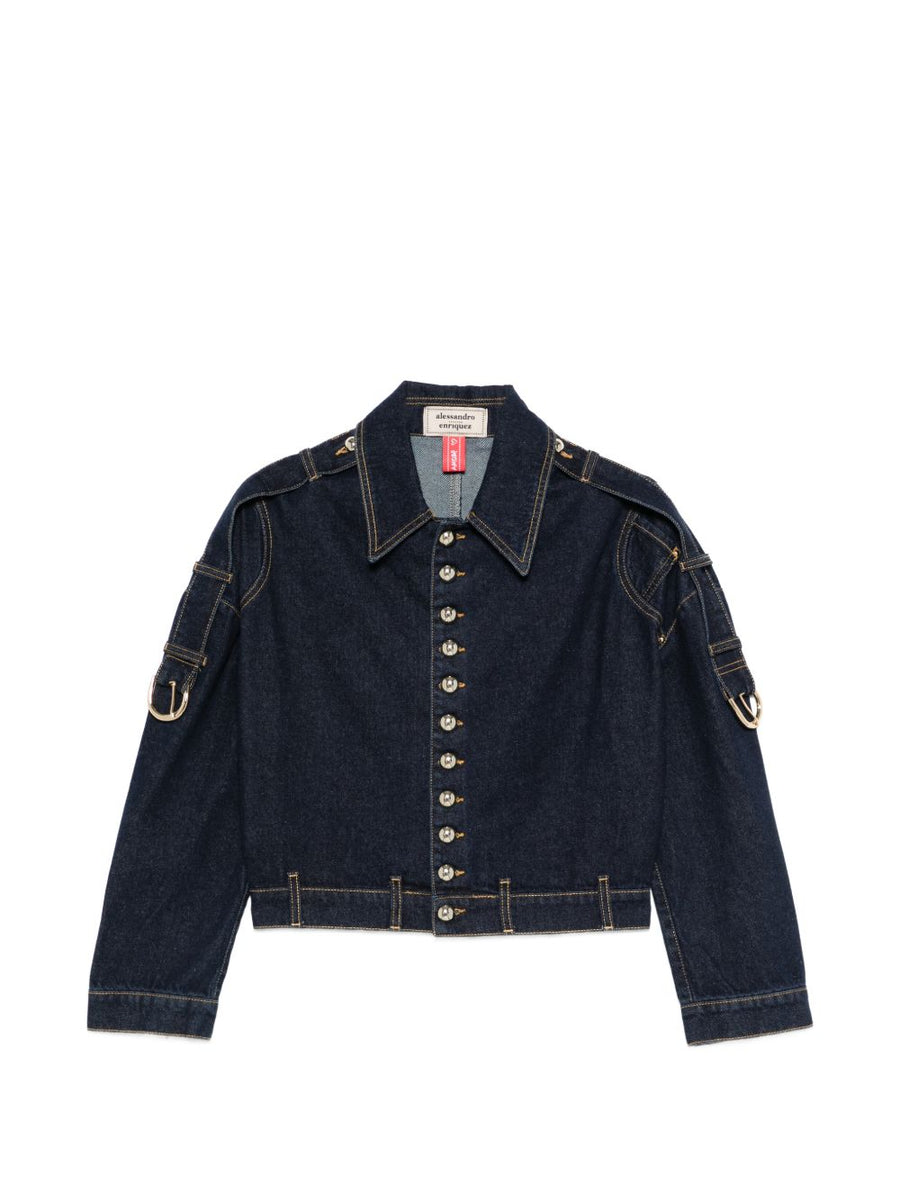 Denim Cotton Jacket Alessandro Enriquez For Women Navy Epaulettes Flap Pockets Versatile Gold Tone Hardware