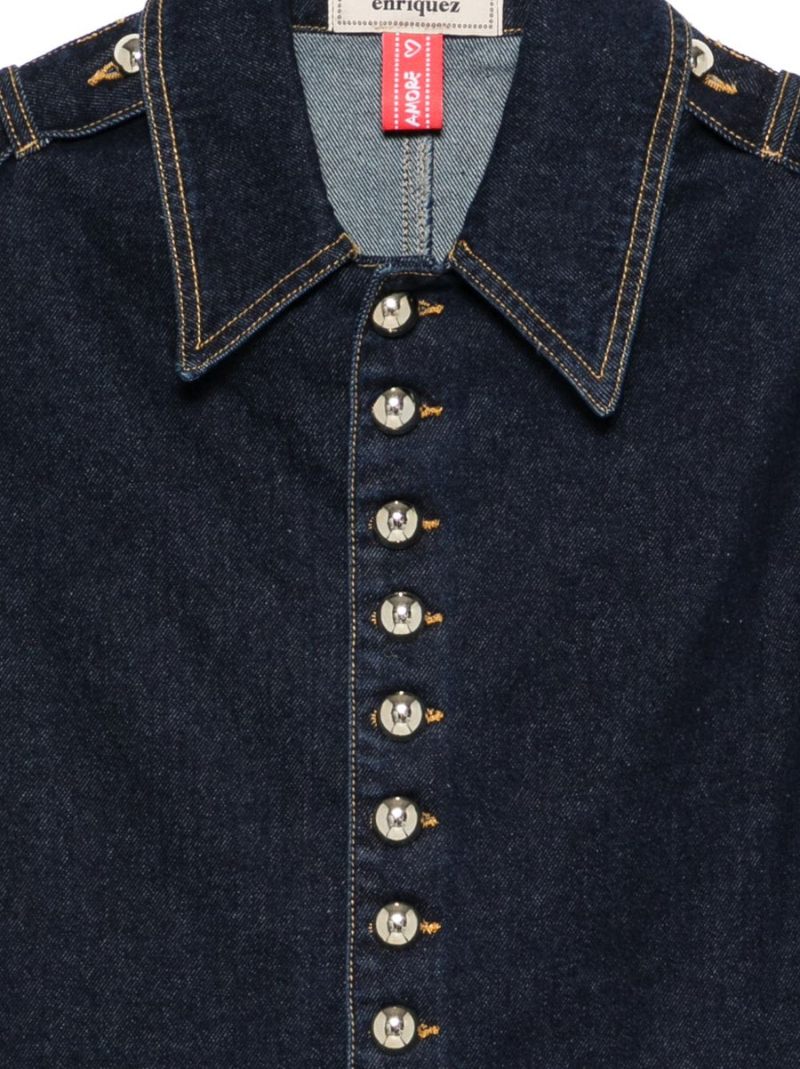 Denim Cotton Jacket Alessandro Enriquez For Women Navy Epaulettes Flap Pockets Versatile Gold Tone Hardware