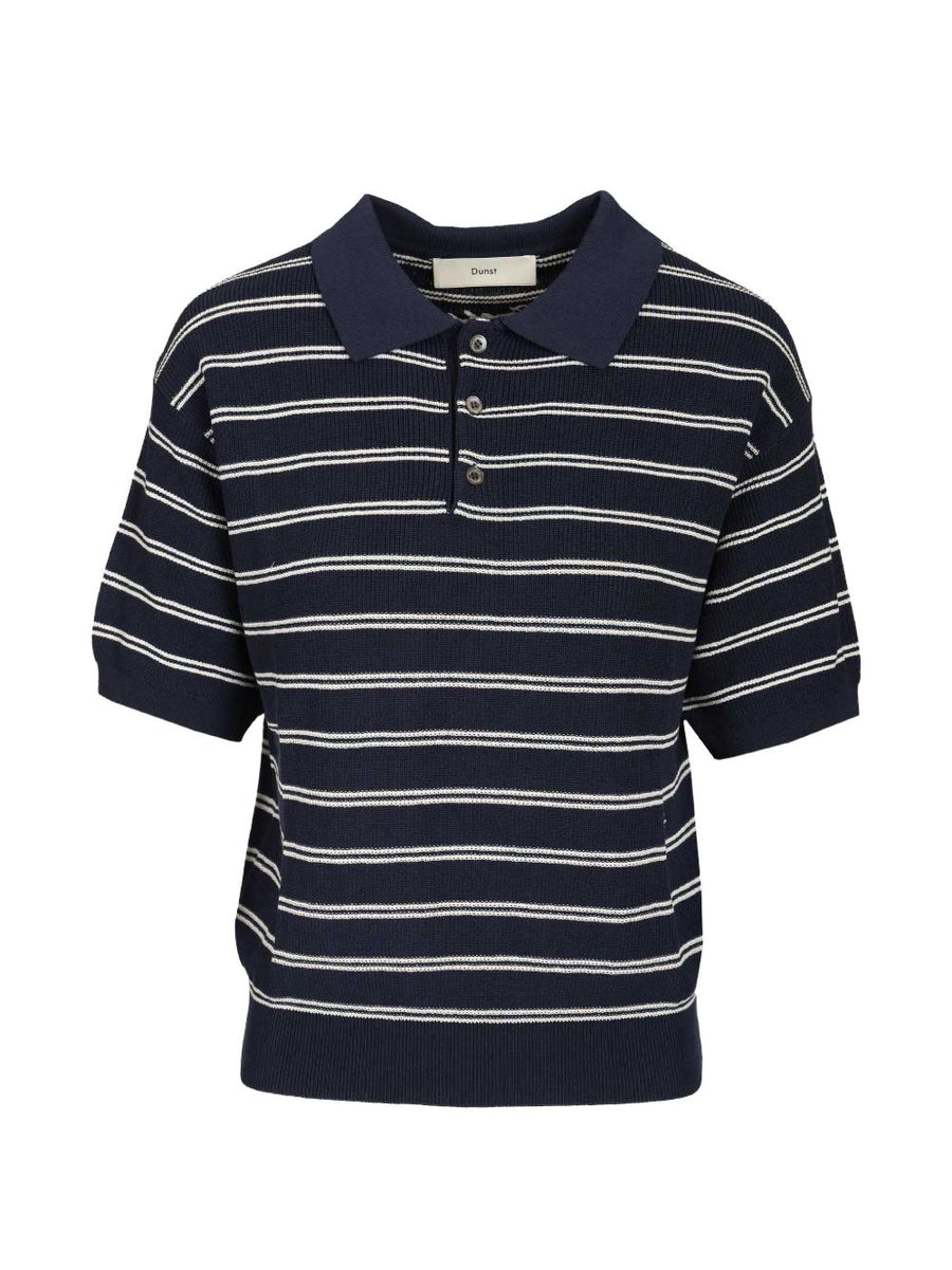 Dunst Women Navy Striped Polo Shirt Breathable Cotton Nylon Blend For Everyday Versatility