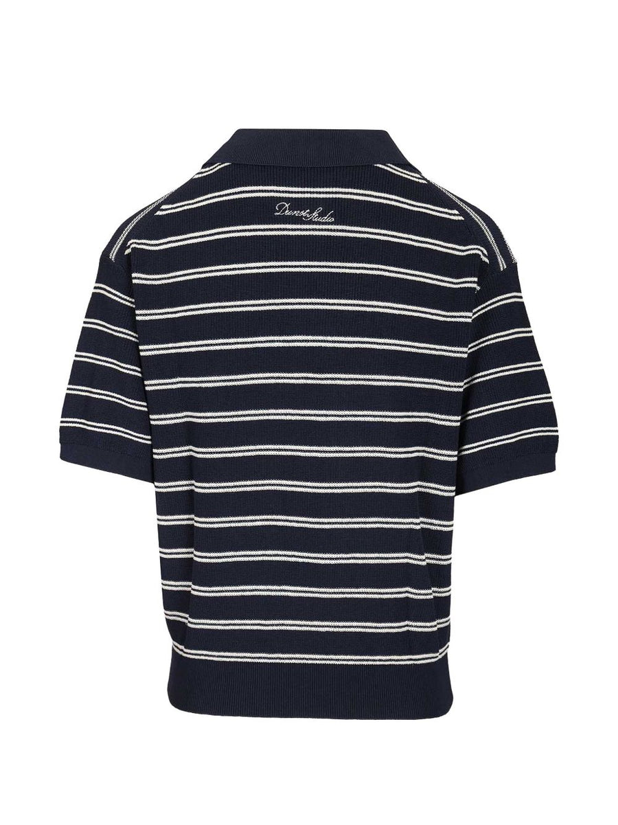 Dunst Women Navy Striped Polo Shirt Breathable Cotton Nylon Blend For Everyday Versatility