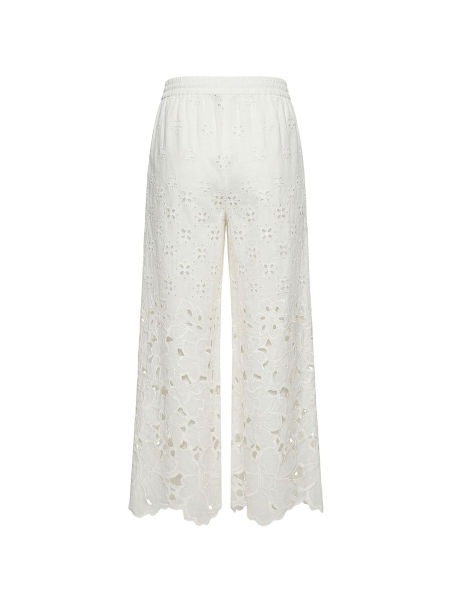 Ermanno Scervino Cotton Trousers Luxury Floral Openwork Lace Trim For Women, Elastic Waistband, White