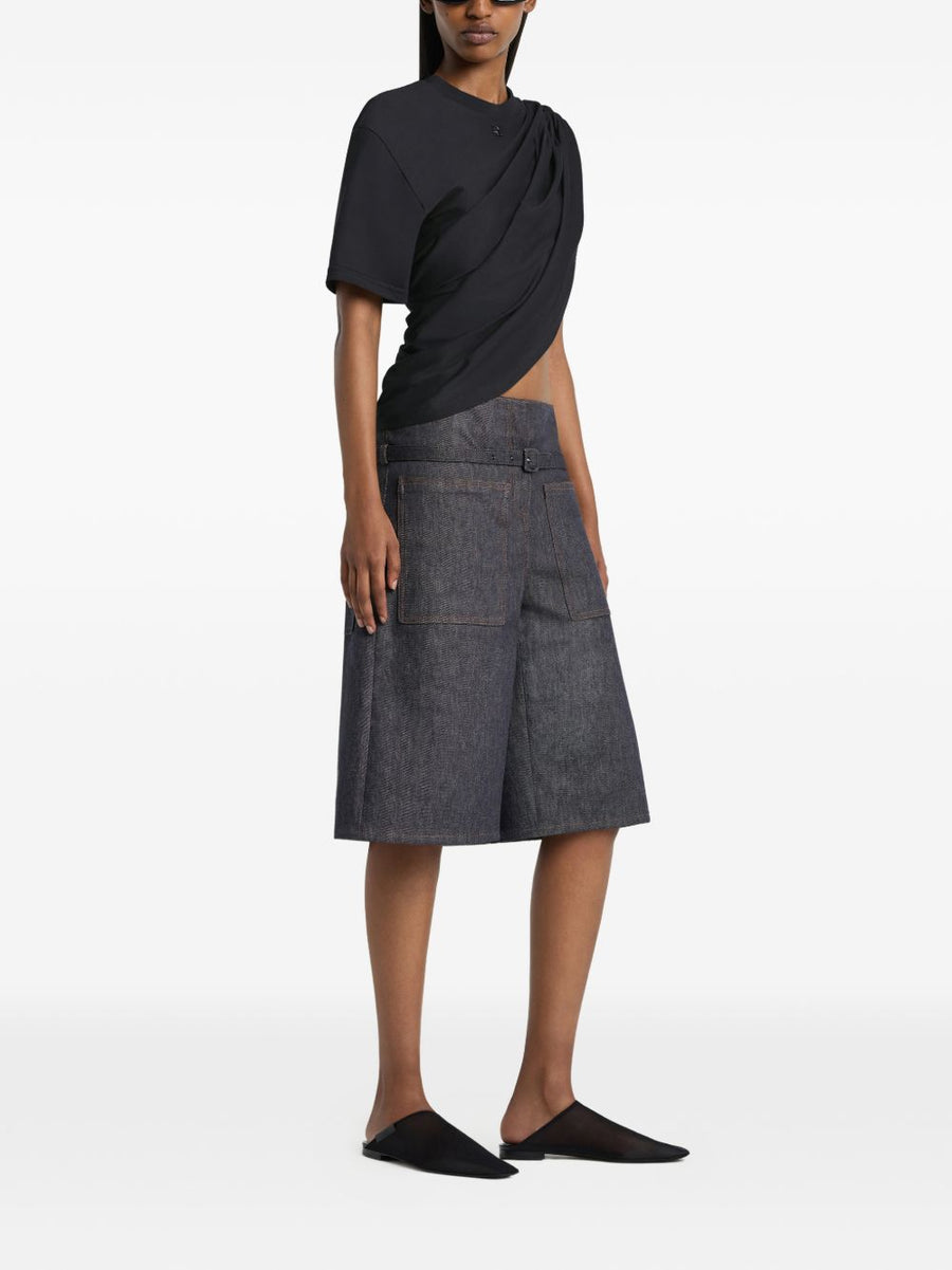 Courreges Denim Shorts Navy Belted Waist 100 Percent Cotton For Women Chic Everyday Essential