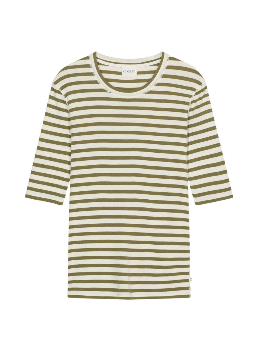 Closed Striped Cotton Sweater for Women Olive Green Breathable Versatile Crew Neck Topwear