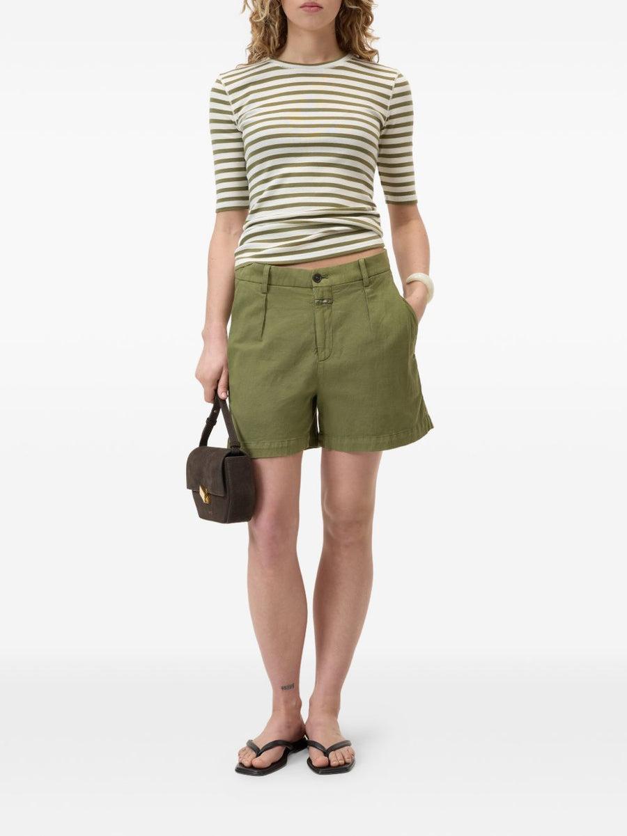 Closed Striped Cotton Sweater for Women Olive Green Breathable Versatile Crew Neck Topwear