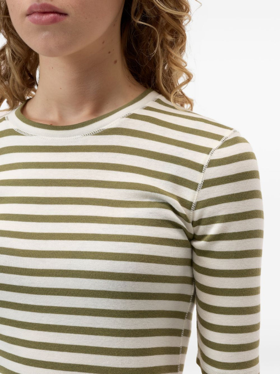 Closed Striped Cotton Sweater for Women Olive Green Breathable Versatile Crew Neck Topwear