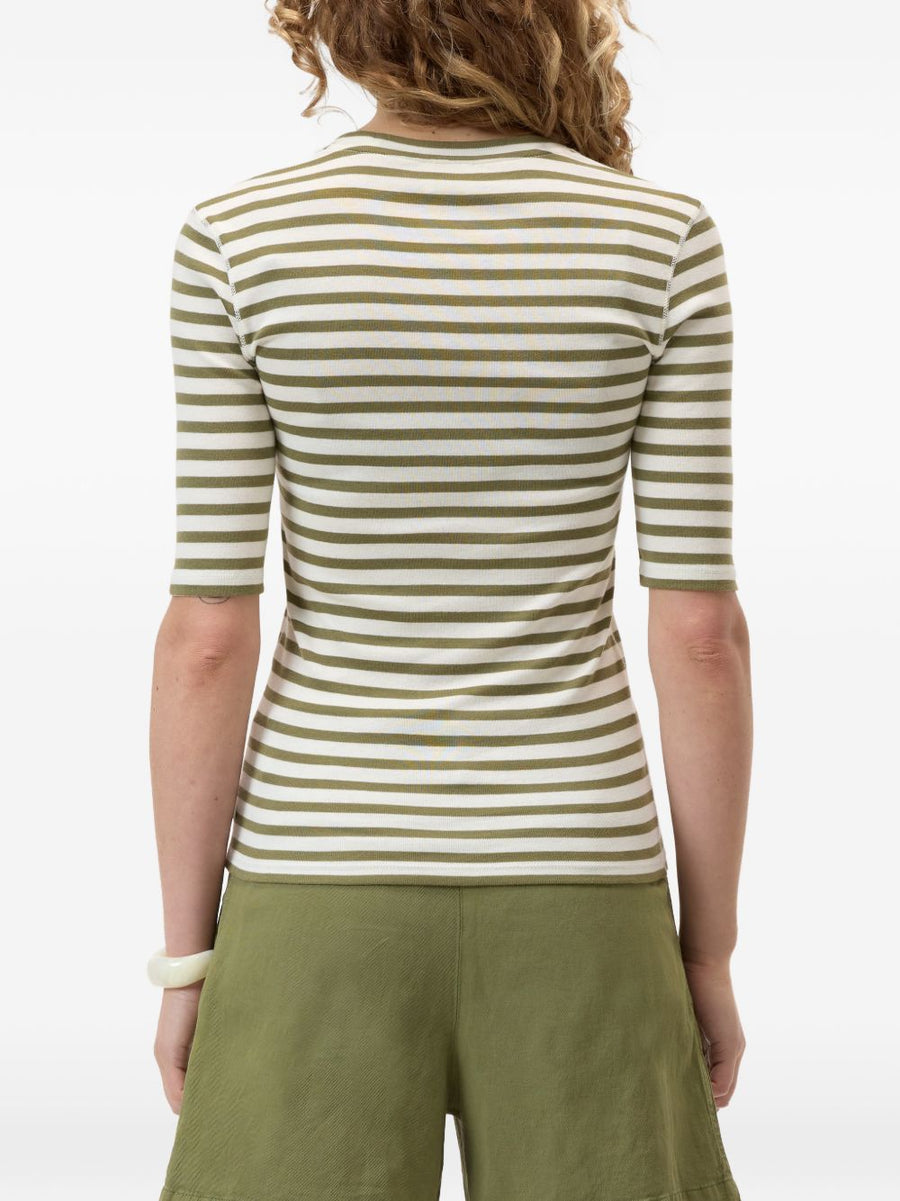 Closed Striped Cotton Sweater for Women Olive Green Breathable Versatile Crew Neck Topwear