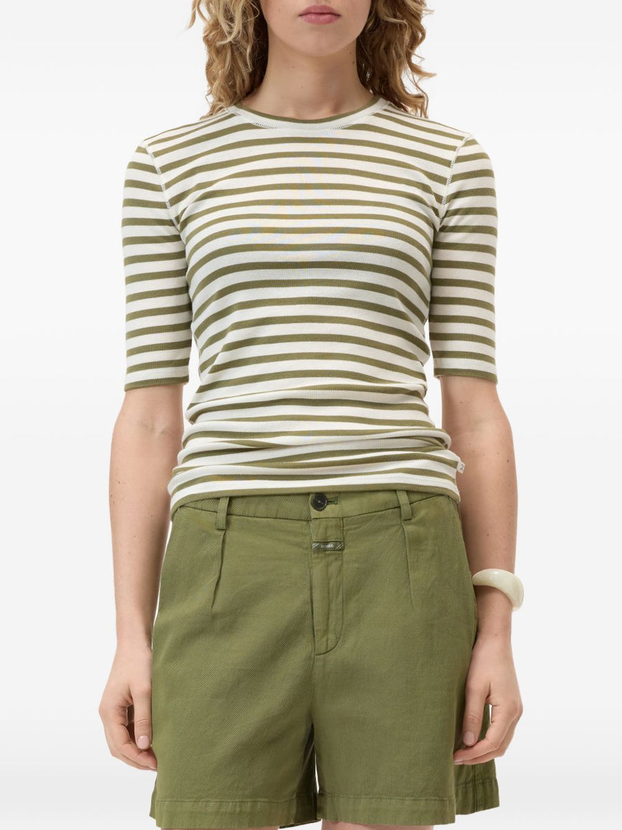 Closed Striped Cotton Sweater for Women Olive Green Breathable Versatile Crew Neck Topwear