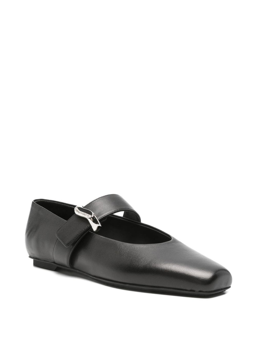 Emporio Armani Exclusive Leather Ballet Flats For Women Timeless Luxury Square Toe Secure Touch Strap Buckle