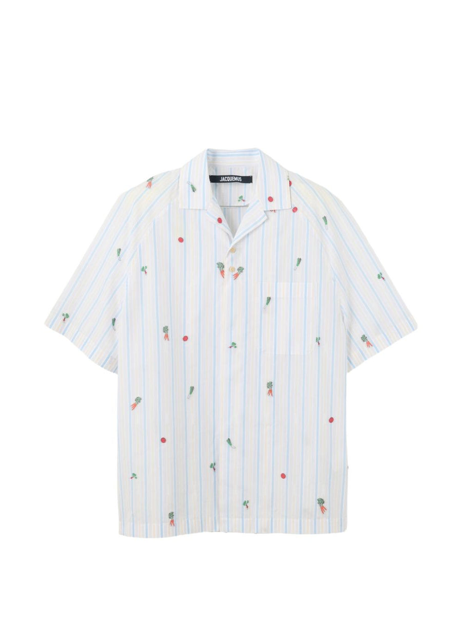 Jacquemus La Chemise Romarin Shirt White Striped Cotton For Men Short Sleeves Chest Pocket Luxury Resort Wear