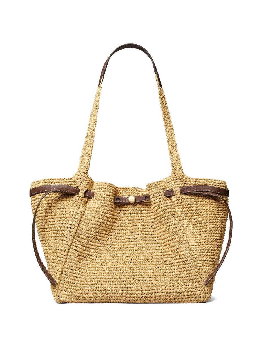 Tory Burch Romy Straw Tote Bag With Leather Trim For Women Versatile Everyday Resort Ready For Summer Travel