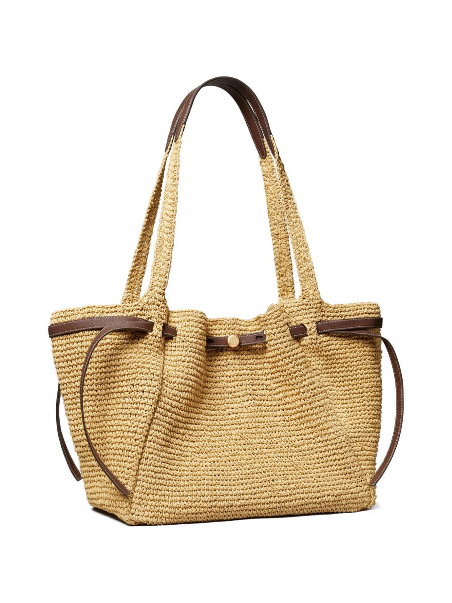 Tory Burch Romy Straw Tote Bag With Leather Trim For Women Versatile Everyday Resort Ready For Summer Travel