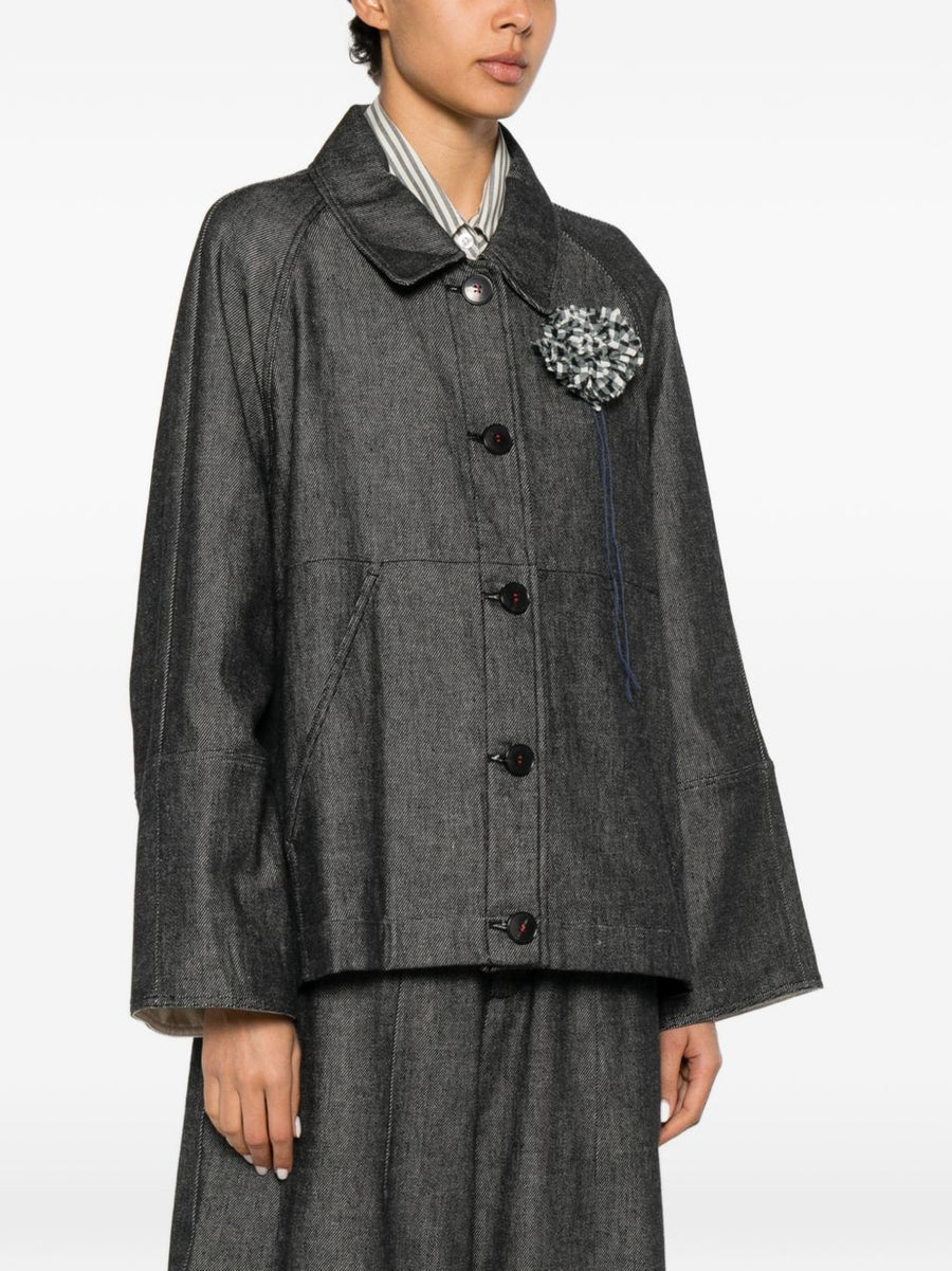 SOH Navy Denim Jacket With Floral Front Button Details Classic Collar