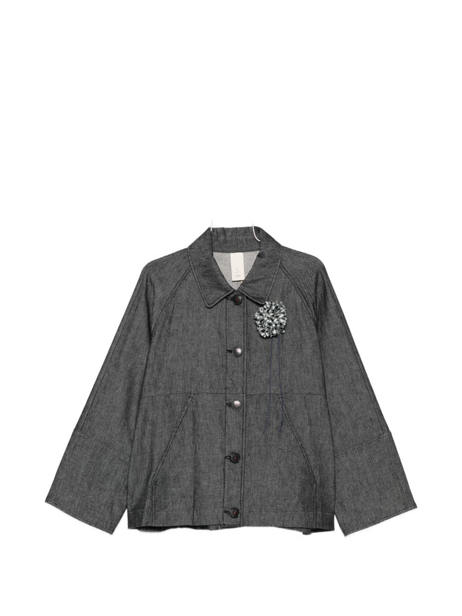 SOH Navy Denim Jacket With Floral Front Button Details Classic Collar