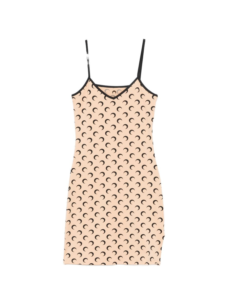 Marine Serre Moon Print Mini Dress For Women Sleek Stretch Silhouette V-Neck Spaghetti Straps Beige
