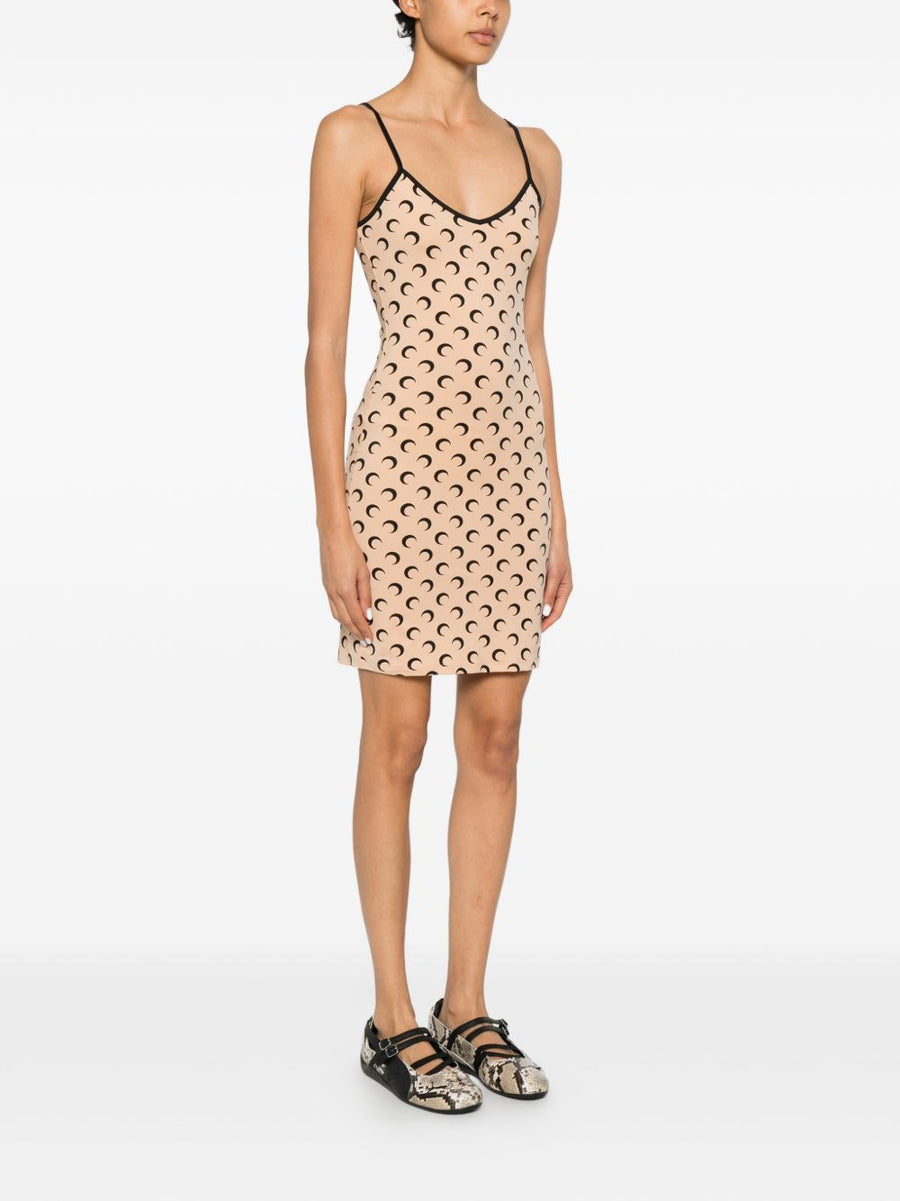 Marine Serre Moon Print Mini Dress For Women Sleek Stretch Silhouette V-Neck Spaghetti Straps Beige