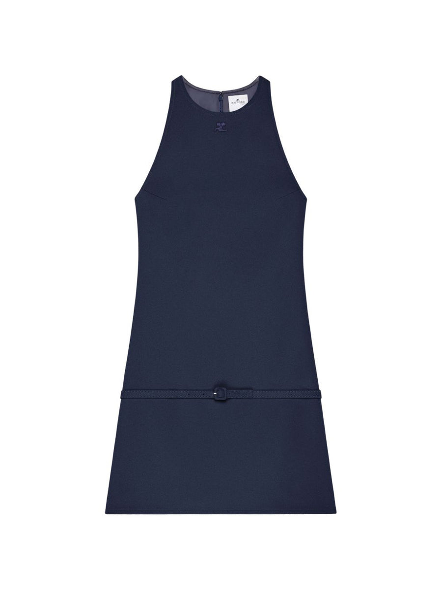 Courreges Navy Twill A-Line Mini Dress Belted Waist For Women Sleek Structured Elegant