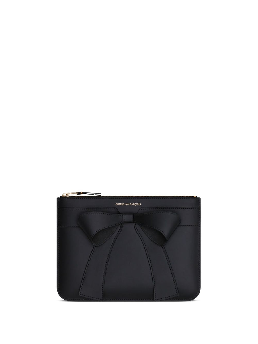 Comme Des Garcons Big Bow Leather Card Case With Top Zip Closure For Women Premium Cowhide Wallet