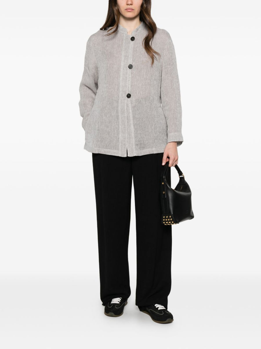 Emporio Armani Women Linen Buttoned Jacket Breathable Grey Linen Blend For Sophisticated Everyday Wear